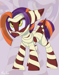 Size: 1280x1622 | Tagged: safe, artist:mistydash, imported from derpibooru, oc, oc:starlight eclipse, pegasus, pony, clothes, costume, female, halloween, halloween costume, mummy costume, solo, zoom layer