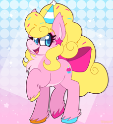 Size: 1825x2000 | Tagged: safe, artist:saveraedae, imported from derpibooru, oc, oc only, oc:sugar sprinkles, earth pony, pony, bow, earth pony oc, female, hat, looking at you, mare, party hat, raised hoof, solo, tail, tail bow