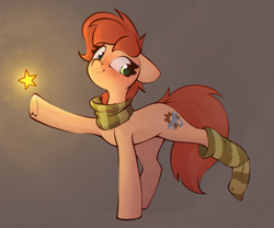 Size: 1286x1071 | Tagged: safe, artist:rexyseven, imported from derpibooru, oc, oc only, oc:rusty gears, earth pony, pony, clothes, extended trot pose, female, floppy ears, mare, scarf, sock, socks, solo, stars, striped socks, underhoof