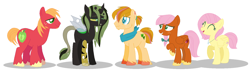 Size: 1706x494 | Tagged: safe, artist:everythingf4ngirl, artist:selenaede, imported from derpibooru, big macintosh, fluttershy, oc, oc:butterscotch, oc:parasite, oc:sweet apple, earth pony, hybrid, pegasus, pony, adopted offspring, alternate hairstyle, base used, beard, earth pony oc, facial hair, family, female, fluttermac, freckles, jewelry, male, mare, necklace, offspring, parent:big macintosh, parent:fluttershy, parents:fluttermac, pegasus oc, shipping, short mane, simple background, stallion, straight, white background