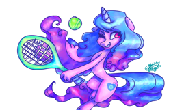 Size: 1412x912 | Tagged: safe, artist:mannybcadavera, imported from derpibooru, izzy moonbow, pony, unicorn, ball, bipedal, female, g5, hoof hold, mare, my little pony: a new generation, one eye closed, simple background, smiling, solo, tennis ball, tennis racket, white background