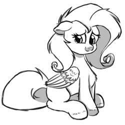 Size: 826x826 | Tagged: safe, artist:binkyt11, derpibooru exclusive, imported from derpibooru, fluttershy, pegasus, pony, aside glance, chest fluff, female, floppy ears, folded wings, lineart, looking at you, mare, messy mane, missing cutie mark, monochrome, simple background, sitting, smiling, solo, three quarter view, white background, wings