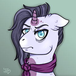 Size: 2000x2000 | Tagged: safe, artist:yumomochan, imported from derpibooru, oc, unicorn, angry, bags under eyes, bust, clothes, commission, grumpy, high res, male, scarf, stallion