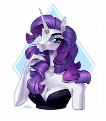 Size: 3300x3770 | Tagged: safe, artist:holivi, imported from derpibooru, rarity, anthro, unicorn, breasts, bust, busty rarity, cleavage, clothes, dress, female, high res, hoers, horn, horn ring, jewelry, looking at you, mare, necklace, ring, smiling, smiling at you