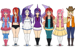 Size: 600x450 | Tagged: safe, artist:akinnasweet, imported from derpibooru, applejack, fluttershy, pinkie pie, rainbow dash, rarity, sunset shimmer, twilight sparkle, human, alternate mane seven, clothes, dress, horn, horned humanization, humanized, kisekae, looking at you, mane six, open mouth, open smile, shadow, simple background, smiling, smiling at you, spread wings, transparent background, winged humanization, wings