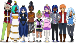 Size: 818x481 | Tagged: safe, artist:flowerpower138, imported from derpibooru, big macintosh, discord, princess cadance, princess celestia, princess luna, shining armor, spike, trixie, zecora, human, bunny ears (gesture), dark skin, grin, hat, humanized, kisekae, looking at you, magic wand, shadow, simple background, smiling, smiling at you, top hat, transparent background, waving, waving at you