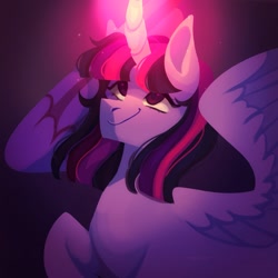 Size: 1773x1773 | Tagged: safe, artist:neonbugzz, imported from derpibooru, twilight sparkle, alicorn, pony, looking at something, magic, remake, smiling, solo, twilight sparkle (alicorn)