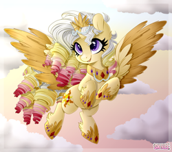 Size: 2480x2202 | Tagged: safe, artist:centchi, artist:sk-ree, imported from derpibooru, oc, oc only, oc:sunlight aria, alicorn, pony, alicorn oc, colored wings, colored wingtips, corkscrew curls, curly mane, female, flying, gradient mane, high res, horn, jewelry, magical lesbian spawn, mare, necklace, offspring, open mouth, open smile, parent:princess celestia, parent:sunset shimmer, parents:sunsestia, princess shoes, regalia, sky, smiling, solo, spread wings, unshorn fetlocks, wings