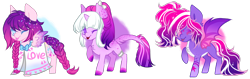 Size: 1650x520 | Tagged: safe, artist:kyannepopys, imported from derpibooru, oc, oc only, bat pony, pegasus, pony, unicorn, base used, bat pony oc, braid, braided tail, cloak, clothes, ethereal mane, one eye closed, pegasus oc, raised hoof, simple background, smiling, starry mane, tail, transparent background, wings, wink