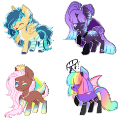 Size: 1200x1200 | Tagged: safe, artist:kyannepopys, imported from derpibooru, oc, oc only, earth pony, pegasus, pony, unicorn, base used, bat wings, clothes, crown, earth pony oc, horn, jewelry, multicolored hair, one eye closed, pegasus oc, rainbow hair, raised hoof, regalia, simple background, socks, transparent background, unicorn oc, wings, wink