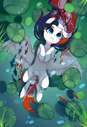 Size: 1300x1900 | Tagged: safe, alternate version, artist:nazori, imported from derpibooru, oc, oc only, fish, pegasus, pony, alternate character, cattails, commission, featureless crotch, lilypad, lying down, on back, outdoors, pegasus oc, pond, reeds, solo, spread wings, water, wings, ych result