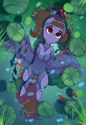 Size: 1300x1900 | Tagged: safe, alternate version, artist:nazori, imported from derpibooru, oc, oc only, fish, pegasus, pony, alternate character, cattails, commission, featureless crotch, lilypad, lying down, on back, outdoors, pegasus oc, pond, reeds, solo, spread wings, water, wings, ych result