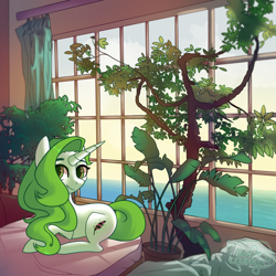 Size: 1000x1000 | Tagged: safe, artist:nazori, imported from derpibooru, oc, oc only, pony, unicorn, commission, female, horn, indoors, lying down, mare, prone, smiling, solo, tree, unicorn oc, wings, ych result
