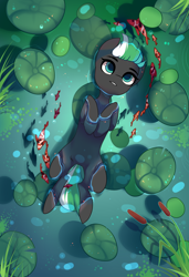 Size: 1300x1900 | Tagged: safe, alternate version, artist:nazori, imported from derpibooru, oc, oc only, earth pony, fish, pony, alternate character, cattails, commission, earth pony oc, featureless crotch, lilypad, lying down, on back, outdoors, pond, reeds, solo, water, ych result