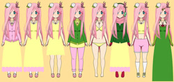 Size: 700x330 | Tagged: safe, artist:roseprincessmitia, imported from derpibooru, fluttershy, human, bra, breasts, busty fluttershy, clothes, dress, earmuffs, evening gloves, female, flower, flower in hair, gloves, humanized, jacket, jewelry, kisekae, long gloves, necklace, panties, scarf, simple background, solo, sweater, underwear, yellow background