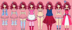 Size: 700x291 | Tagged: safe, artist:roseprincessmitia, imported from derpibooru, pinkie pie, human, boots, bra, breasts, clothes, dress, female, humanized, kisekae, panties, pink background, shoes, simple background, socks, solo, striped socks, underwear