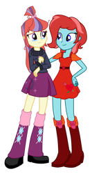 Size: 1024x1751 | Tagged: safe, artist:mixiepie, imported from derpibooru, moondancer, oc, oc:charming heart, equestria girls, boots, comfort, comforting, duo, duo female, equestria girls-ified, female, high heel boots, shoes, simple background, teary eyes, transparent background