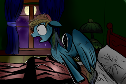 Size: 1500x1000 | Tagged: safe, artist:athlete-grizzle, imported from derpibooru, rainbow dash, pegasus, pony, awakening, bed, female, mare, moon, night, nightmare, scared, window