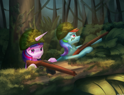 Size: 3250x2500 | Tagged: safe, artist:vezja, imported from derpibooru, rainbow dash, twilight sparkle, pegasus, pony, unicorn, duo, female, forest, gun, helmet, high res, hooves, horn, jungle, leaves, log, mare, moss, nervous, rifle, soldier, tree, vietnam war, weapon