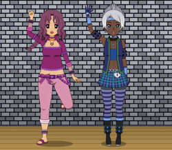 Size: 401x350 | Tagged: safe, artist:icicle-wicicle-1517 kisekae, imported from derpibooru, night glider, sugar belle, human, boots, dark skin, duo, humanized, kisekae, sandles, shoes, waving at you