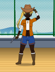 Size: 781x1024 | Tagged: safe, artist:icicle-wicicle-1517 kisekae, imported from derpibooru, applejack, human, boots, cowboy boots, dark skin, gun, handgun, humanized, kisekae, revolver, shoes, solo