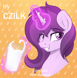 Size: 1596x1605 | Tagged: safe, artist:czu, imported from derpibooru, oc, oc only, oc:czupone, pony, unicorn, bust, ear fluff, eye clipping through hair, eyebrows, eyebrows visible through hair, glass, glass of milk, grin, horn, looking at you, male, milk, portrait, purple eyes, smiling, solo, stallion, two toned mane, unicorn oc