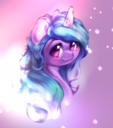 Size: 1668x1888 | Tagged: safe, artist:kurogewapony, imported from derpibooru, izzy moonbow, pony, unicorn, abstract background, blushing, bust, cute, female, g5, izzybetes, looking at you, mare, my little pony: a new generation, smiling, smiling at you, solo
