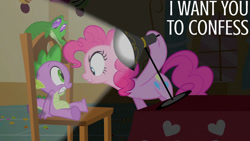 Size: 1280x720 | Tagged: safe, edit, edited screencap, editor:quoterific, imported from derpibooru, screencap, gummy, pinkie pie, spike, alligator, dragon, earth pony, pony, party of one, season 1, chair, female, male, mare, sugarcube corner