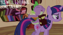 Size: 1280x720 | Tagged: safe, edit, edited screencap, editor:quoterific, imported from derpibooru, screencap, spike, twilight sparkle, dragon, pony, unicorn, season 2, the cutie pox, book, eyes closed, female, golden oaks library, male, mare, open mouth, open smile, smiling, unicorn twilight