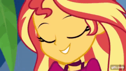 Size: 640x360 | Tagged: safe, imported from derpibooru, screencap, sunset shimmer, bird, seagull, equestria girls, equestria girls series, i'm on a yacht, spoiler:eqg series (season 2), animated, clothes, cute, cutie mark on clothes, eyes closed, female, flying, gif, gifs.com, open mouth, open smile, shimmerbetes, singing, smiling, solo, yacht