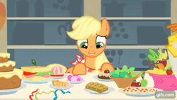 Size: 640x360 | Tagged: safe, imported from derpibooru, screencap, applejack, carrot cake, earth pony, pony, a bird in the hoof, season 1, animated, cake, female, floppy ears, food, gif, gifs.com, male, mare, open mouth, open smile, pure unfiltered evil, sandwich, smiling, stallion, sugarcube corner