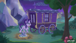 Size: 640x360 | Tagged: safe, imported from derpibooru, screencap, starlight glimmer, pony, unicorn, season 6, to where and back again, animated, behaving like a cat, eyes closed, female, fireworks, gif, gifs.com, mare, night, smoke, solo, trixie's wagon, wagon