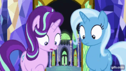 Size: 640x360 | Tagged: safe, imported from derpibooru, screencap, starlight glimmer, trixie, pony, unicorn, all bottled up, season 7, animated, duo, duo female, female, gif, gifs.com, mare, open mouth, open smile, shrunken pupils, smiling, ta-da!, twilight's castle