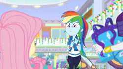 Size: 3410x1920 | Tagged: safe, imported from derpibooru, screencap, fluttershy, rainbow dash, rarity, equestria girls, equestria girls series, holidays unwrapped, spoiler:eqg series (season 2), bracelet, clothes, cutie mark on clothes, dashing through the mall, female, geode of super speed, high res, hoodie, jewelry, magical geodes, male, necklace, offscreen character, offscreen male, present, rarity peplum dress