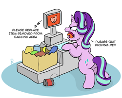 Size: 3120x2516 | Tagged: safe, artist:doodledonutart, imported from derpibooru, starlight glimmer, pony, unicorn, angry, bipedal, butt, comic, female, glimmer glutes, high res, machine, mare, open mouth, plot, self-checkout, shopping, solo