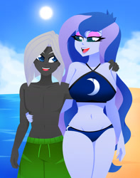 Size: 1589x2013 | Tagged: safe, artist:xan-gelx, imported from derpibooru, princess luna, oc, oc:night quill, human, equestria girls, age difference, arm behind back, beach, belly button, bikini, bikini bottom, bikini top, blue bikini, blue swimsuit, breasts, busty princess luna, canon x oc, clothes, cougar, couple, curvy, duo, eyelashes, eyeshadow, female, halter top, height difference, holding, hourglass figure, larger female, lips, luill, makeup, midriff, sexy, size difference, swimming trunks, swimsuit, thighs, vice principal luna, wide hips