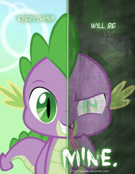 Size: 2158x2780 | Tagged: safe, artist:tehjadeh, imported from derpibooru, spike, dragon, secret of my excess, 2012, dual personality, greed, high res, male, mine!, poster, solo, spikezilla, two sided posters