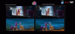 Size: 3425x1565 | Tagged: safe, artist:lorenzo paoli, imported from derpibooru, screencap, hitch trailblazer, sunny starscout, earth pony, pony, spoiler:my little pony: a new generation, behind the scenes, boulder media logo, comparison, concept art, g5, hasbro, hasbro logo, logo, my little pony: a new generation, my little pony: a new generation logo, netflix logo