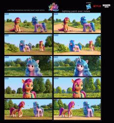 Size: 3425x3679 | Tagged: safe, artist:lorenzo paoli, imported from derpibooru, screencap, izzy moonbow, sunny starscout, earth pony, pony, unicorn, spoiler:my little pony: a new generation, boulder media logo, concept art, g5, hasbro, hasbro logo, high res, logo, my little pony: a new generation, my little pony: a new generation logo, netflix logo