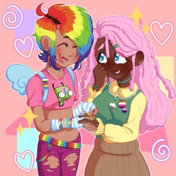 Size: 1440x1440 | Tagged: safe, artist:kattycaake, imported from derpibooru, fluttershy, rainbow dash, human, alternate hairstyle, backpack, badge, bag, belt, blushing, bracelet, choker, clothes, cute, dark skin, dashabetes, duo, ear piercing, earring, eyes closed, fangs, female, fingerless gloves, flutterdash, genderfluid, genderfluid pride flag, genderqueer, genderqueer pride flag, gir, gloves, grin, humanized, invader zim, jeans, jewelry, lesbian, lesbian pride flag, lip piercing, midriff, necklace, open mouth, pansexual, pansexual pride flag, pants, piercing, pride, pride flag, shipping, shirt, shyabetes, skirt, smiling, snake bites, sweater, sweatershy, t-shirt, torn clothes, tumblr nose