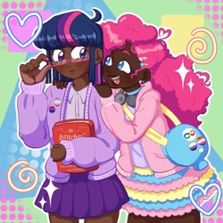 Size: 1440x1440 | Tagged: safe, artist:kattycaake, imported from derpibooru, pinkie pie, twilight sparkle, human, alternate hairstyle, bag, bisexual pride flag, blushing, book, choker, clothes, cute, dark skin, diapinkes, duo, ear piercing, earring, female, glasses, headphones, heart, hoodie, humanized, jewelry, lesbian, lesbian pride flag, nail polish, nonbinary, nonbinary pride flag, open mouth, piercing, pride, pride flag, shipping, shirt, skirt, tumblr nose, twiabetes, twinkie