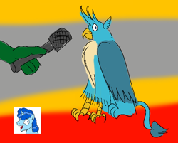 Size: 576x463 | Tagged: safe, artist:horsesplease, imported from derpibooru, gallus, party favor, oc, oc:anon, griffon, doggie favor, doodle, gallus the rooster, gallusposting, i didn't listen, meme, microphone, ponified animal photo, ponified meme, russia