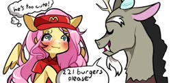 Size: 858x416 | Tagged: safe, artist:mayavtuber, imported from derpibooru, discord, fluttershy, draconequus, antlers, blushing, burger, clothes, female, food, hat, implied discoshy, implied shipping, implied straight, male, mcdonald's, raised hoof, shirt, simple background, snaggletooth, thought bubble, white background, working