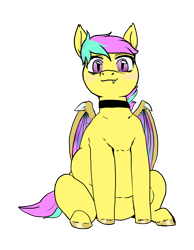 Size: 2253x2900 | Tagged: safe, artist:tacodeltaco, imported from derpibooru, oc, oc:star shower, bat pony, derpibooru community collaboration, 2022 community collab, bat pony oc, collar, fangs, fat, female, high res, looking at you, simple background, solo, transparent background