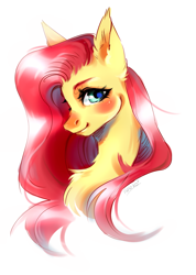 Size: 2135x3000 | Tagged: safe, artist:aneko77, imported from derpibooru, fluttershy, pony, aside glance, blushing, bust, chest fluff, ear fluff, female, high res, looking at you, mare, portrait, simple background, smiling, solo, white background