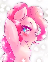 Size: 1590x2048 | Tagged: safe, artist:kurogewapony, imported from derpibooru, pinkie pie, earth pony, semi-anthro, arm behind head, blushing, cute, female, looking at you, mare, smiling, solo, stupid sexy pinkie