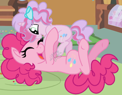 Size: 754x584 | Tagged: safe, artist:cheekycheesefan101, imported from derpibooru, pinkie pie, oc, pony, base used, female, filly, foal, lying down, offspring, on back, parent:pinkie pie, parent:pokey pierce, parents:pokeypie