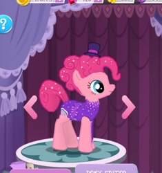 Size: 1000x1066 | Tagged: safe, imported from derpibooru, screencap, pinkie pie, earth pony, pony, aerialist pinkie, clothes, cropped, female, gameloft, glitter, hat, mare, open mouth, open smile, question mark, smiling, solo, sparkly mane