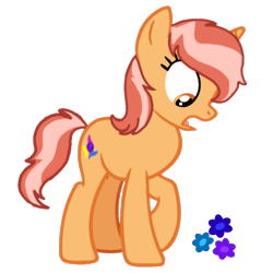 Size: 4000x4000 | Tagged: safe, artist:nitlynjane, imported from derpibooru, oc, oc only, oc:dawntrice, pony, unicorn, absurd resolution, female, flower, full body, horn, looking down, mare, open mouth, orange coat, orange eyes, raised hoof, red hair, short tail, show accurate, simple background, solo, standing, tail, transparent background, two toned mane, two toned tail, unicorn oc