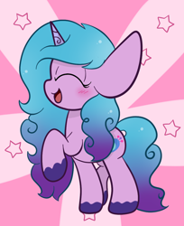 Size: 874x1070 | Tagged: safe, artist:sugarcloud12, imported from derpibooru, izzy moonbow, pony, unicorn, chibi, cute, eyes closed, g5, izzybetes, my little pony: a new generation, open mouth, raised hoof, solo